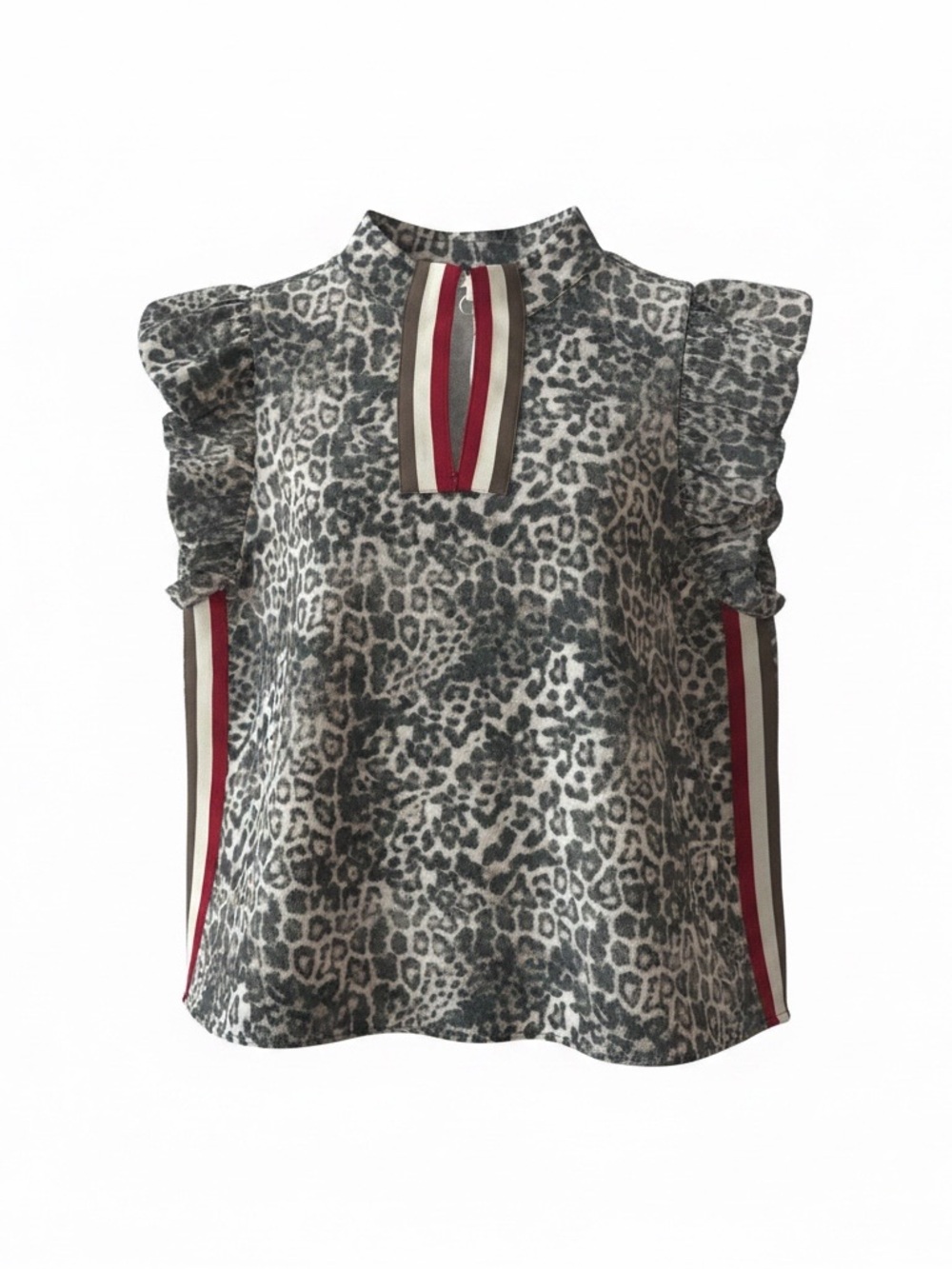 entro Gray Leopard Ruffle Sleeve Top with Red Stripe Detail
